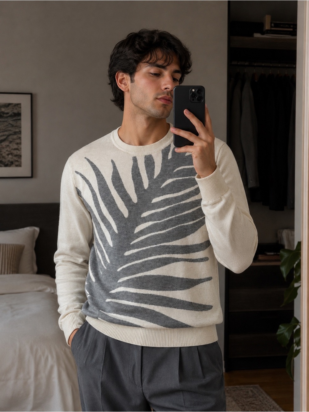 Ermenegildo Zegna Men’s Ivory & Grey Abstract Knit Sweater Pullover Size 48 S